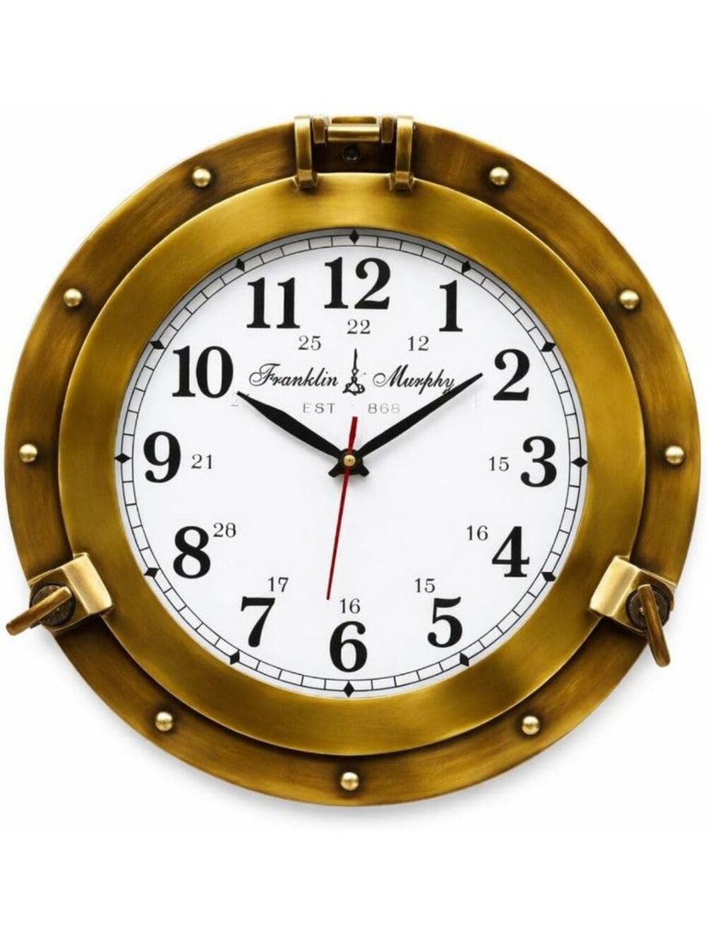 Nautical Porthole Wall Clock - Antique Brass Finish, 12" Maritime Decor, Battery